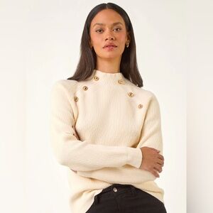 Elie Tahari ⚜️ Cream Mock Neck Sweater with Gold Button Accents